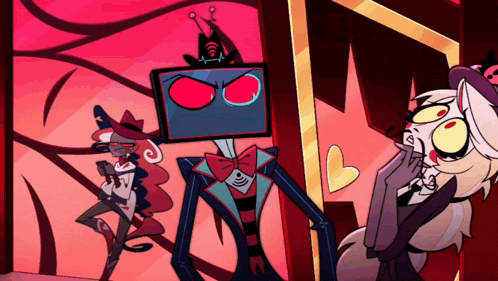 a couple of cartoon characters standing next to each other with one having a heart on her chest