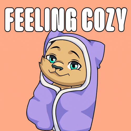 a cartoon of a cat wrapped in a purple blanket with the words feeling cozy written above it