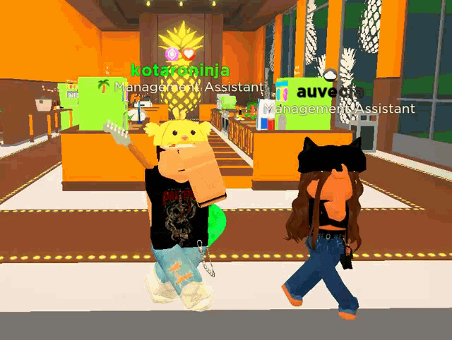 a screenshot of a video game shows a man holding a guitar and a girl walking in front of a management assistant