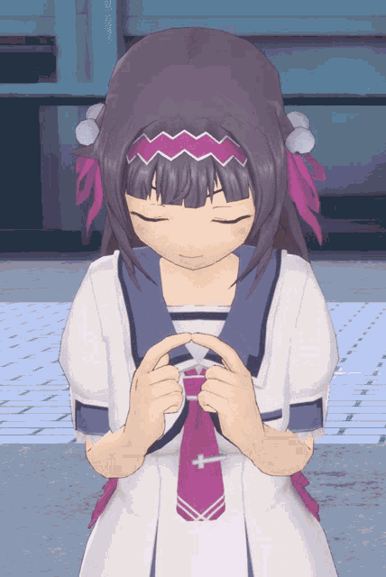 a girl with purple hair is wearing a white dress and a pink tie with a cross on it