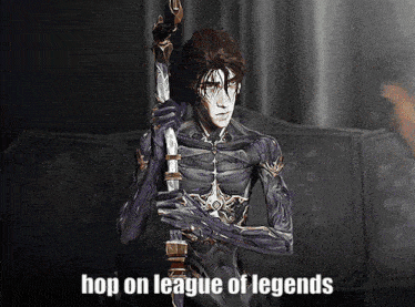 a cartoon of a man holding a sword with the words hop on league of legends below him