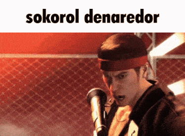 a man wearing a red headband is holding a baseball bat and the words sokorol denaredor are above him