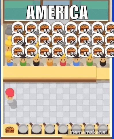 a bunch of people are standing in front of a display of hamburgers and a sign that says america .