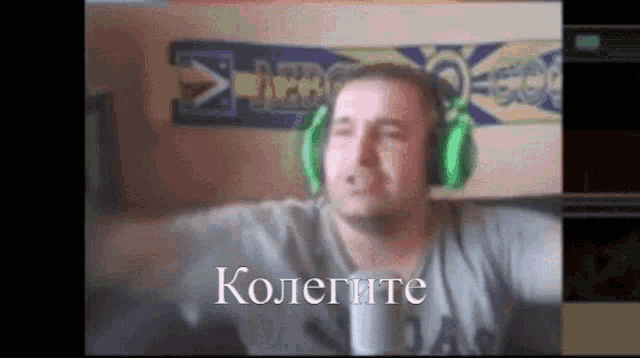 a man wearing green headphones has the word kolegite on the bottom right