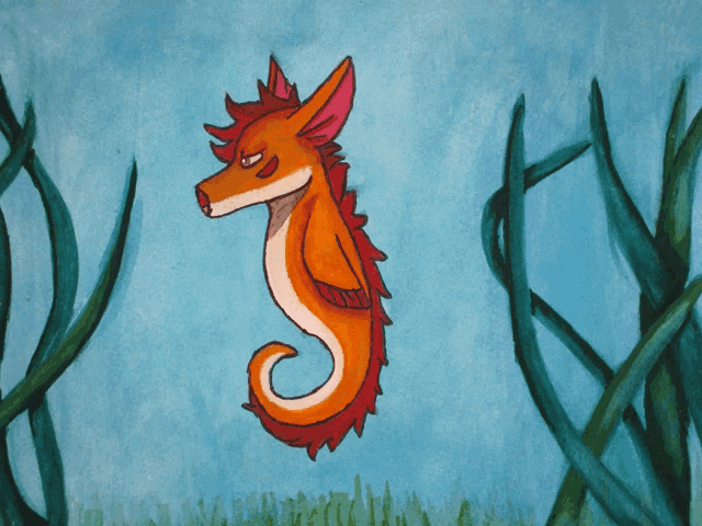 a drawing of a seahorse with a fox 's head