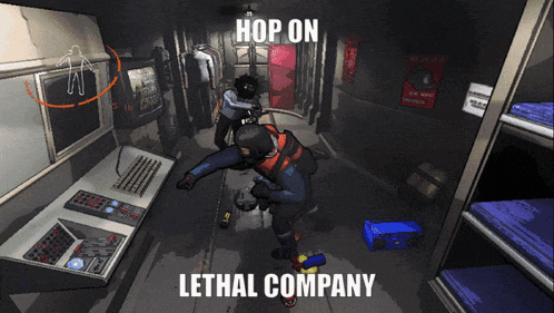a video game scene with the words hop on lethal company