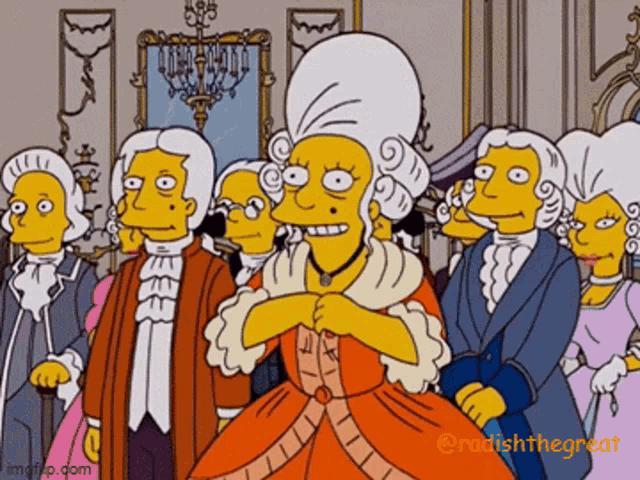 a group of cartoon characters are standing in a room with the caption radish the great