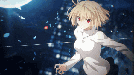 a girl with blonde hair and red eyes is standing in front of a blue sky