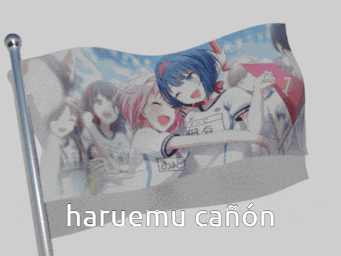 a flag with a picture of a girl and the word haruemu cannon on it