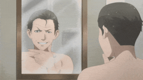 a shirtless man looks at himself in a mirror and smiles