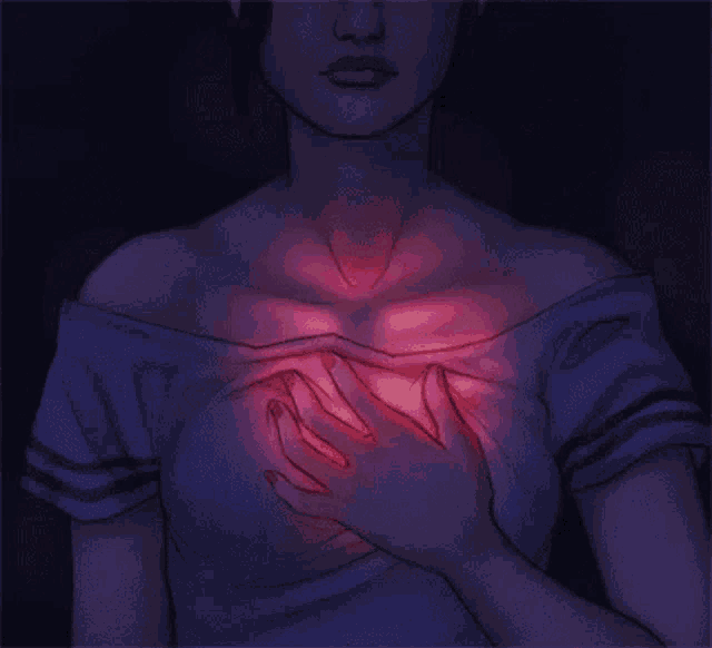 a drawing of a woman holding her chest with a red light coming out of it