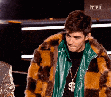a man wearing a fur coat with a dollar sign necklace