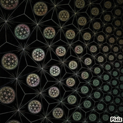 a black and white drawing of circles with pixiz in the corner