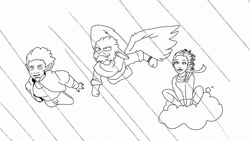 a black and white drawing of three people flying through the air .