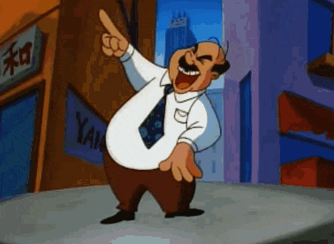 a cartoon man in a white shirt and tie is laughing and pointing .