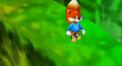 a cartoon squirrel in a blue shirt is running on a green hill