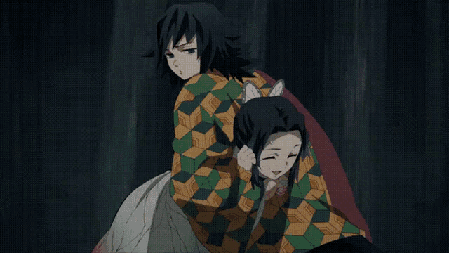 a couple of anime characters standing next to each other in a dark room
