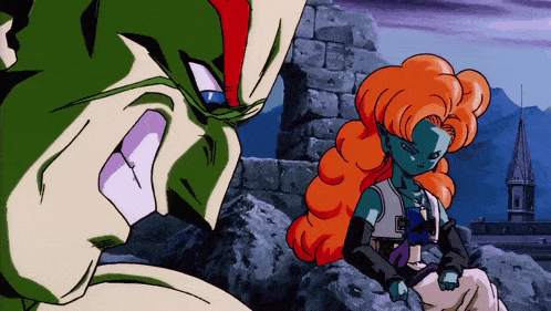 a cartoon of a girl with orange hair sitting next to a green monster