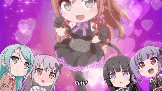 a group of anime girls are standing around a girl in a black dress that says cute on it