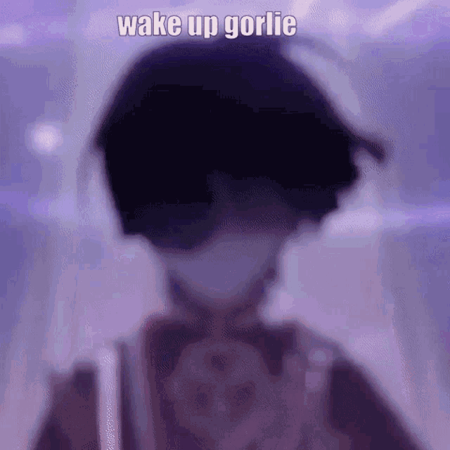 a blurry picture of a person with a mask on and the words `` wake up gorlie '' written on it .