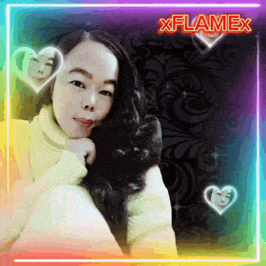 a woman in a yellow sweater is surrounded by hearts and the word xflamex
