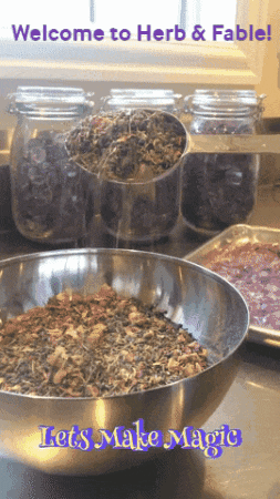 a welcome to herb & fable sign with a bowl of herbs
