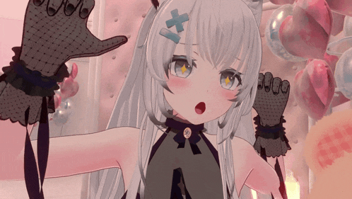 a girl with white hair and a cross on her head is wearing gloves