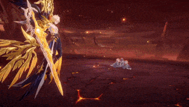 a person is holding a sword in a video game while another person lays on the ground .