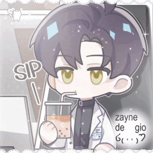 a cartoon of a boy drinking from a cup with the words sip written on it