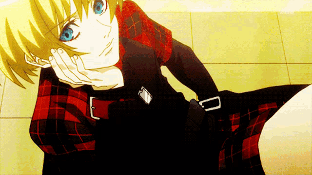 a blonde anime character with blue eyes and a plaid shirt