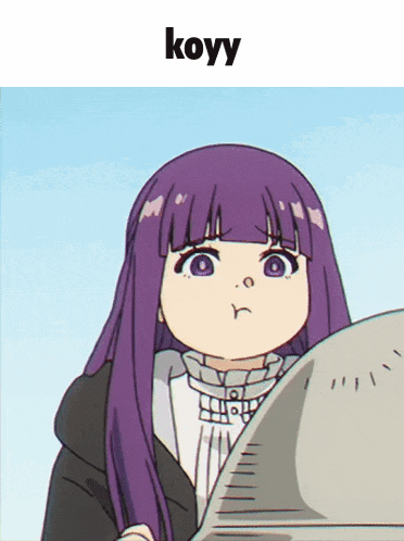 a picture of a girl with purple hair and the word koyy below her