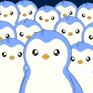 a group of blue and white penguins with orange beaks are standing together