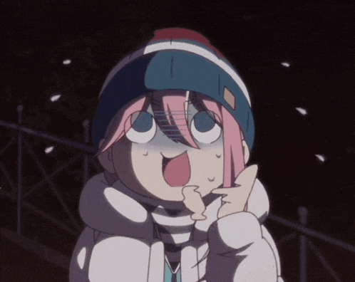 a girl with pink hair and a blue and white hat makes a surprised face