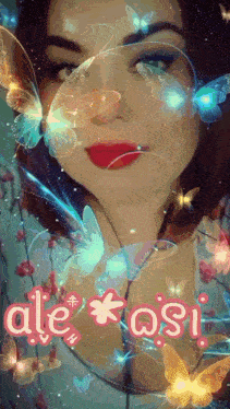 a woman is surrounded by butterflies and the word ale osi is on the bottom