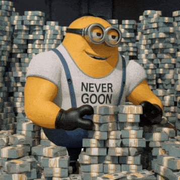 a minion with a shirt that says never goon