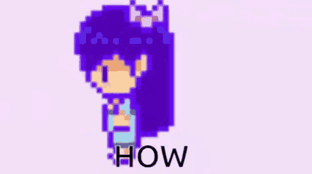 a pixel art of a girl with purple hair and a bow in her hair .