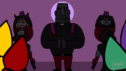 a group of cartoon characters standing next to each other with a purple background and the word chrome in the corner