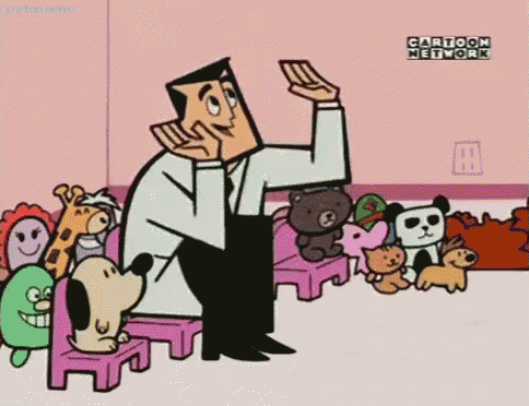 a cartoon character from cartoon network is talking to a group of stuffed animals .
