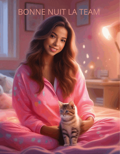 a woman is sitting on a bed holding a kitten with the words bonne nuit la team written below her