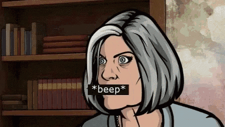 a cartoon woman is making a funny face while standing in front of a bookshelf .
