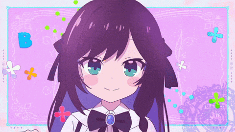 a girl with purple hair and green eyes is on a pink background
