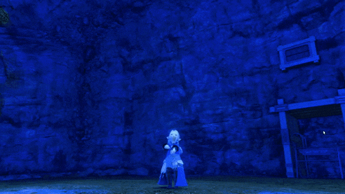 a computer generated image of a person standing in front of a large ice sculpture