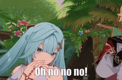 a blue haired anime girl with the words oh no no no on her face
