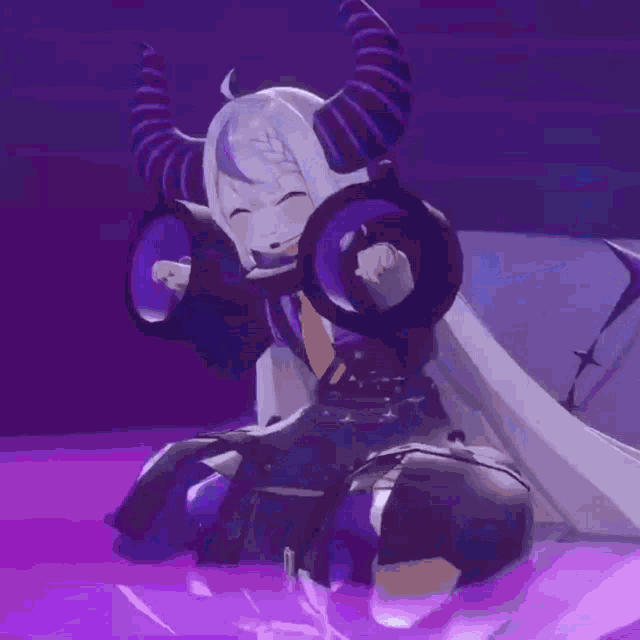 a cartoon character with horns and a purple background