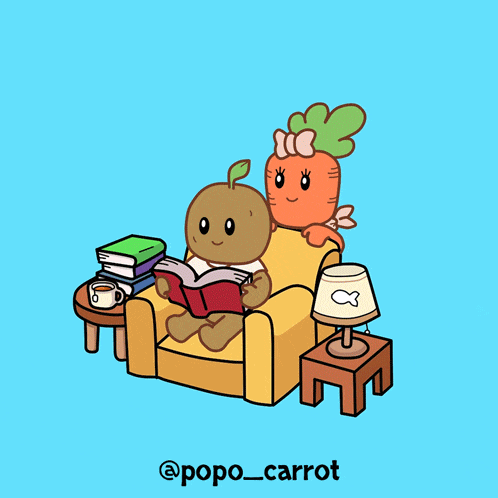 a cartoon of two carrots sitting on a couch reading books