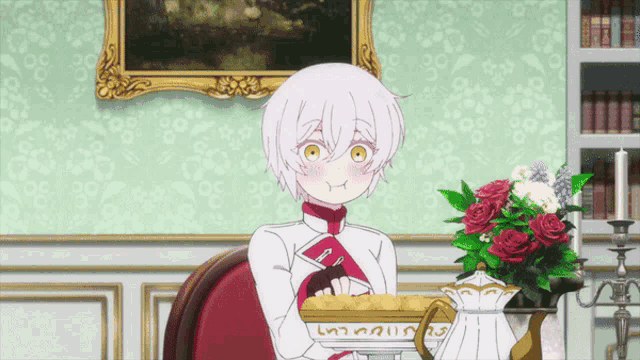 a girl with white hair and yellow eyes is sitting at a table with a teapot