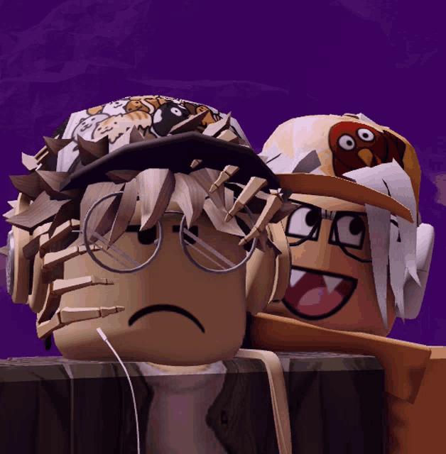 a person wearing a hat with an owl on it stands next to another person wearing a hat with a cat on it