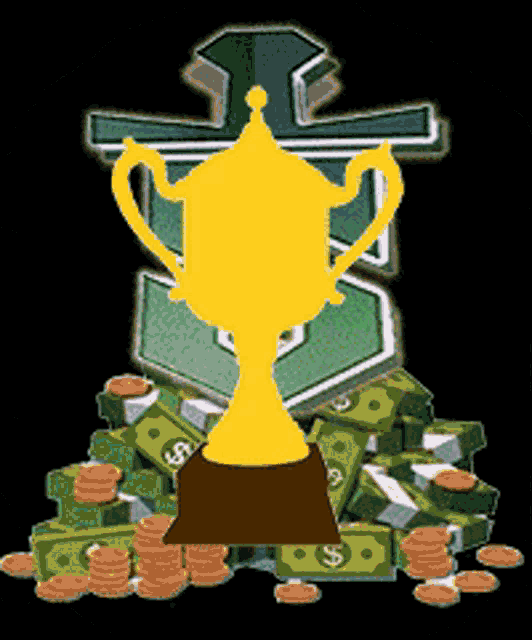 a gold trophy sits on top of a pile of money