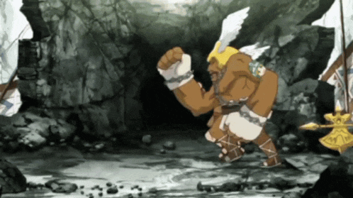 a cartoon of a man with wings and a sword