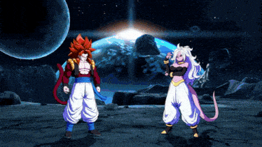 a couple of cartoon characters standing next to each other with a planet in the background